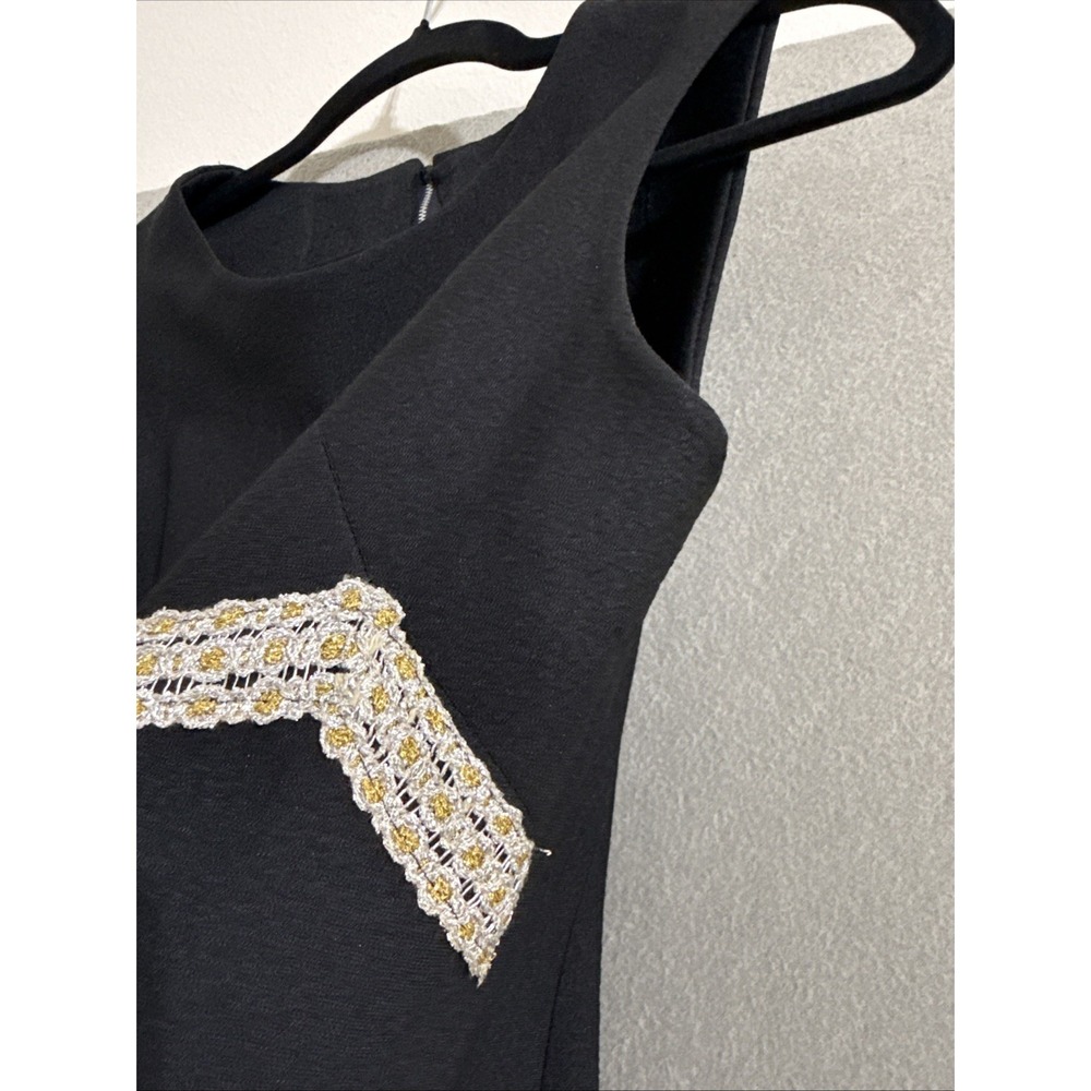 Vtg 60s 70s maxi dress womens Handmade black Empire Mod Retro Silver Gold Trim M - Picture 9 of 16